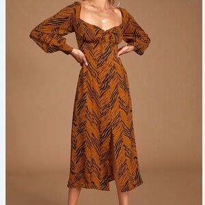Living In Harmony Rust Orange Zebra Print Long Sleeve Midi Dress ❤️‍🔥